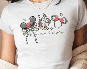 Tis the season to be Jolly Coquette Bow Disney Christmas Baby Tee, Mickey Minnie Christmas Shirt, Disney Very Merry Christmas Shirts