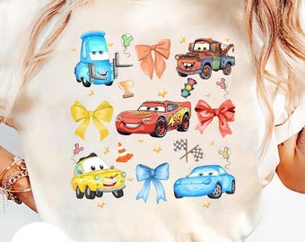 Watercolor Coquette Bows Disney Cars shirt, Lightning McQueen and Tow Mater Tees, Retro Disney Car Coquette Magical Bows, Girly Women Tee