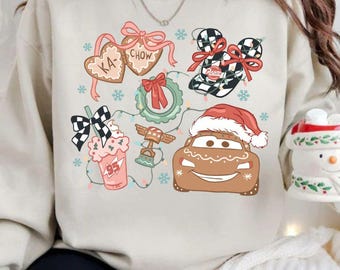 Retro Merry Christmas Cars Sweatshirt, Lightning Mcqueen Christmas Shirt, Disney Cars Gingerbread Tee, Lightning Mcqueen Baby Tee Crop Tank