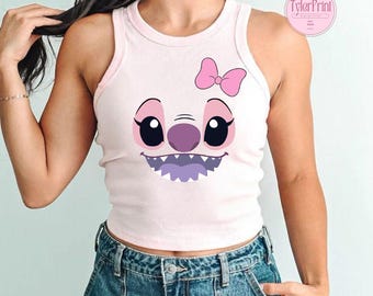 Stitch Baby Tee Crop Top, Stitch And Angle Crop Tank, WDW Disneyland Girls Trip Shirt, Stitch Girly Aesthetic Shirt, Disney Girls Trip