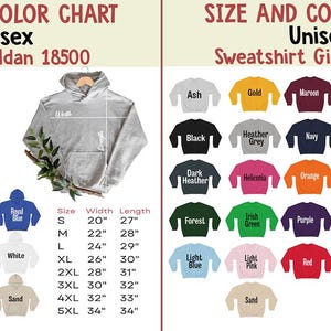 May include: A size and color chart for unisex hoodies and sweatshirts. The chart displays various colors, including black, navy, and orange, with size measurements in inches. The hoodie is Gildan 18500, and the sweatshirt is Gildan 18000.