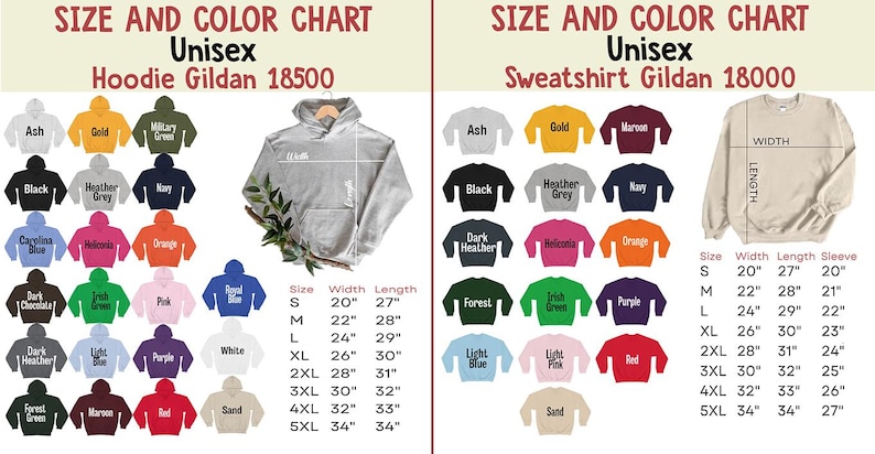 May include: A size and color chart for unisex hoodies and sweatshirts. The chart displays various colors, including black, navy, and orange, with size measurements in inches. The hoodie is Gildan 18500, and the sweatshirt is Gildan 18000.
