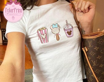Coquette Mickey Ice Cream Bars Crop Top, Park Snack Tee, Disney Snacks Baby Tee, Disney Coquette Bow Shirt, Here For Snacks, Girls Trip Tee