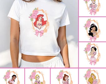 Coquette Bow Disney Princess Baby Tee Crop Top, Disney Girls Trip, Princess Birthday Girl Baby Tee, Princess Floral Shirt, Gift For Her