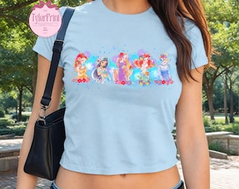 Coquette Disney Princess Floral Baby Tee Crop Tank, WDW Disneyland Girls Trip Shirt, Girly Aesthetic Tee, Cinderella Belle Ariel Rapunzel