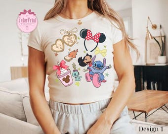 Retro Coquette  Lilo and Stitch Baby Tee Crop Tank, WDW Disneyland Girls Trip Shirt, Disney Stitch Girly Aesthetic Shirt, Stitch And Angle