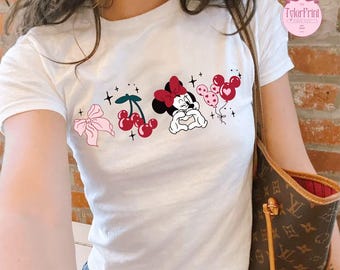 Retro Disney Valentine Minnie Baby Tee, Pink Coquette Bow Cherry Disney Tee, Vintage Minnie Love Crop Tank, Disney Castle Valentine Shirt
