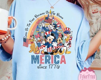 Mickey And Friends 4th of July Baby Tee Crop Top Tanktop, America Rainbow Land of the free Shirt, Patriotic USA Family Tee Independence 1776