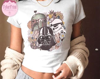 Retro Disney Star Wars Floral Baby Tee, May The Force Be With You, Darth Vader Stormtrooper Boba Fett, Disneyland Galaxy Edge's Trip tshirt