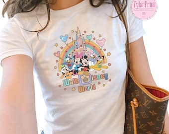 Vintage Disney Baby Tee, Retro Mickey And Friends Crop Top, Disney Y2K Aesthetics Cropped Tee, Disney Castle Shirt, Disney Rainbow Shirt