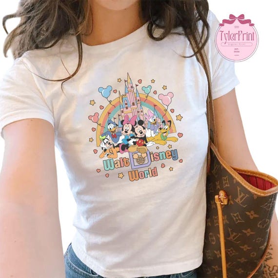 Vintage Disney Baby Tee, Retro Mickey And Friends Crop Top, Disney Y2K Aesthetics Cropped Tee, Disney Castle Shirt, Disney Rainbow Shirt