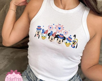 Mickey And Friends 4th of July Baby Tee Crop Top Tank, America Disney Girls Trip Shirt, Girly Patriotic USA Flag Tee, Independence Tee