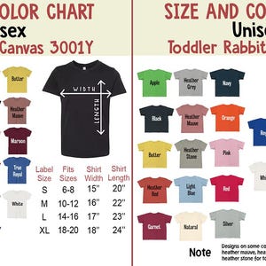 May include: Size and color chart for unisex t-shirts and toddler shirts. The chart displays various shirt colors, including black, white, and blue, with size and measurement details in inches.