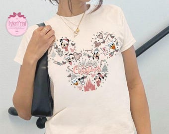 Vintage Coquette Bow Mickey and Friends Christmas  Baby Tee, Mickey's Very Merry Christmas Tee, Retro Disney Christmas Shirt, WDW Girly Xmas