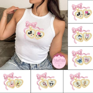 Coquette Bow Disney heart locket Baby Tee Crop Top, All characters Mickey Minnie locket WDW Disneyland Girls Trip Shirt, girly aesthetic Tee