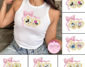 Coquette Bow Disney heart locket Baby Tee Crop Top, All characters Mickey Minnie locket WDW Disneyland Girls Trip Shirt, girly aesthetic Tee