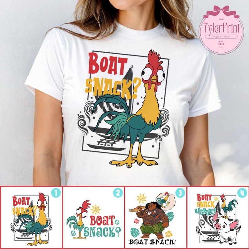 May include: A white t-shirt with a cartoon rooster and the text "Boat Snack?" printed on it. The rooster is yellow, red, and green. The text is in a black and white font. There are four different variations of the design shown in the image.