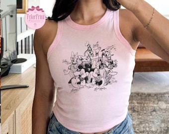 Vintage Y2K Mickey and Friends Signatures Baby Tee Crop Tank, Retro Mickey & Co Shirt, Retro Disney Sketch Shirt Disney Friends Shirt