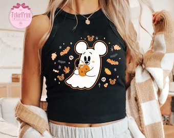 Retro Ghost Mickey Crop Tank, Disney Ghost Baby Tee, Mickey's Not So Scary Party Womens Tee, Coquette Cute Mickey Pumpkin Halloween Shirt