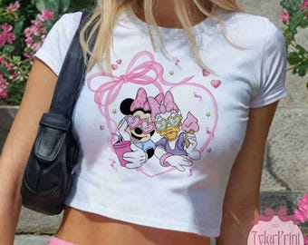 Coquette Bow Disney Minnie Daisy Baby Tee Crop Top, WDW Disneyland Girls Trip Shirt, Disney with my Besties Shirt, Gift For Her