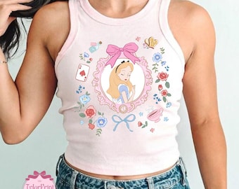 Camiseta corta estilo retro con estampado floral de Alicia en el País de las Maravillas, camiseta de bebé del Gato de Cheshire, camiseta de la fiesta del té del Sombrerero Loco, camiseta de la Princesa Alicia, camiseta para viajes de chicas