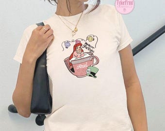 Retro Coquette Ariel Little Mermaid Baby Tee Crop Tank, Disney Princess Shirt, Ariel Flounder Sebastian Tee, Ariel Princess Tea Cup Shirt