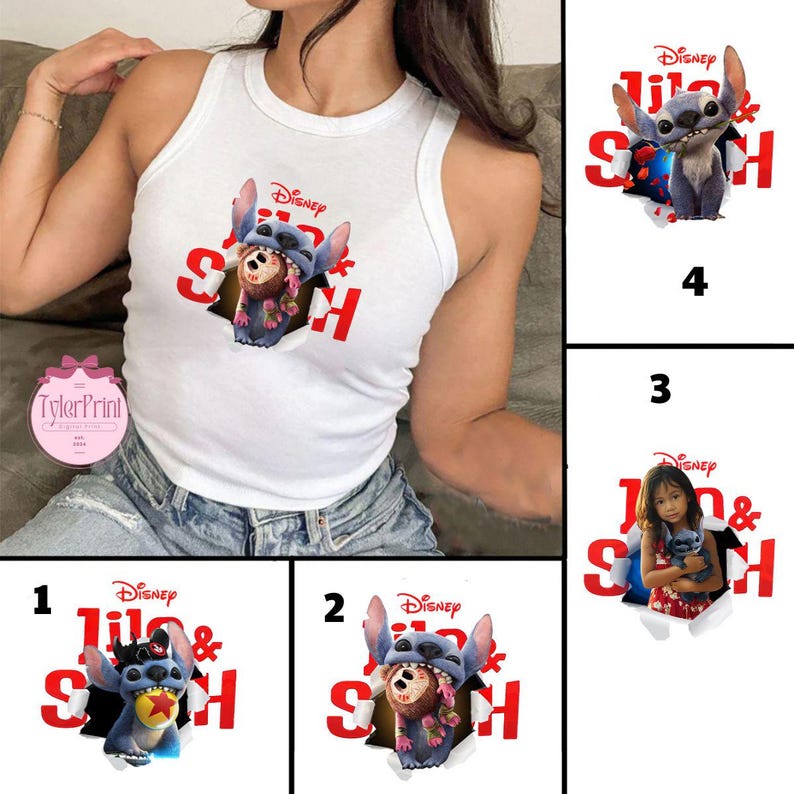 May include: White vest top with a graphic of Stitch from Disney's "Lilo & Stitch" and the text "Lilo & Stitch" in red. The design shows Stitch breaking through a torn hole. The vest top is sleeveless and made of a soft material.