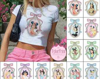 Watercolor Coquette Bow Disney Princess Baby Tee Crop Top, Disney Girls Trip Shirt, Birthday Girl Croptop, Cinderella Rapunzel Tiana Tee