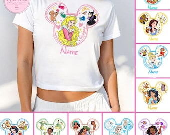Personalized Disney Princess Baby Tee Crop Top, Disney Birthday Girl Shirt, Disney Girls Trip Shirt, Belle Cinderella Snow White Aurora