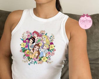 Coquette Disney Princess Floral Baby Tee Crop Tank, WDW Disneyland Girls Trip Shirt, Girly Aesthetic Tee, Cinderella Belle Ariel Rapunzel