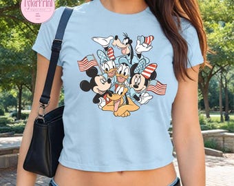 Coquette Mickey And Friends 4th of July Baby Tee Crop Top, America Disney Girls Trip Shirt, Girly Patriotic USA Flag Tee, Independence Tee