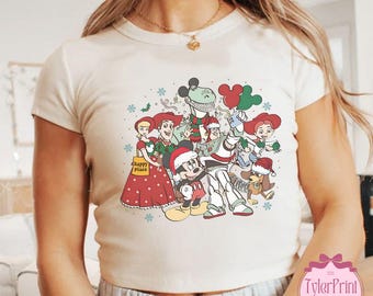 Vintage Retro Toy story Christmas shirt: Woody Buzz Lightyear Jessie Mickey Holiday T-shirt Croptop baby Tee
