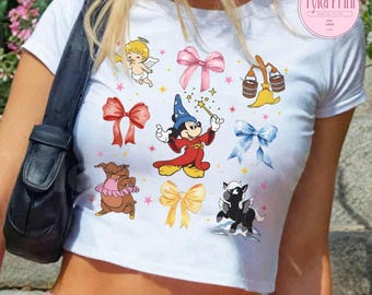 Coquette bows Mickey Sorcerer Disney Baby Tee Crop Top, Imagination Disney Fantasia Fantasmic Girls Trip Shirt Croptop, Magic Kingdom Tee