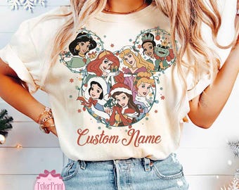 Personalized Vintage Disney Princess Christmas Shirt, Disney Girls Trip Xmas Tee, Disneyland Holiday Tee, Cinderella Belle Ariel Snow White