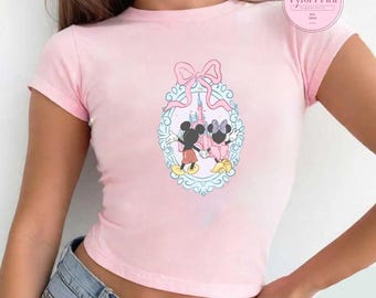 Retro Coquette Mickey And Minnie Baby Tee Crop Top Tank, WDW Disneyland Girls Trip Shirt, Disney Girly Aesthetic Shirt, Disney Castle Shirt