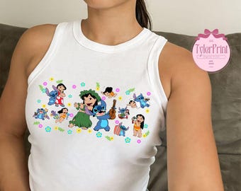 Lilo and Stitch Aloha Hawaii Baby Tee Crop Tank, WDW Disneyland Girls Trip Shirt, Disney Stitch Girly Aesthetic Shirt, Stitch Floral Shirt
