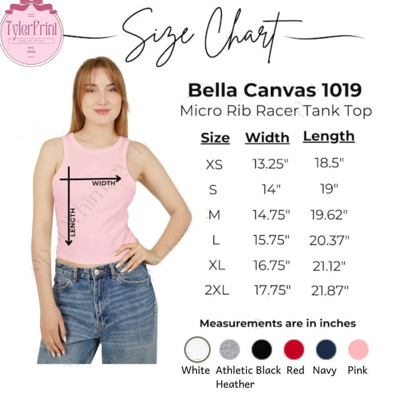 May include: A pink Bella Canvas 1019 Micro Rib Racer Tank Top is shown with a size chart. The chart lists sizes XS to 2XL, with measurements in inches. Available colours are white, athletic heather, black, red, navy, and pink.