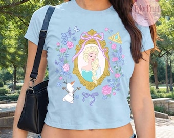 Coquette bow Elsa Frozen Baby Tee Crop Top Tank, Floral Elsa princess WDW Disneyland Girls Trip Shirt, girly aesthetic Disney Shirt