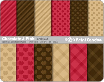 Chocolate & Pink Paper Pack (12 Sheets) - Personal and Commercial Use -  polka dot hearts tartan stripe