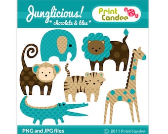 Junglicious (chocolat et bleu) - clipart numérique - usage personnel et commercial - animaux de la jungle, lion, moine, tigre