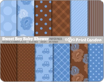 Sweet Boy Baby Shower Paper Pack (12 Sheets) - Personal and Commercial Use  -  polka dot stars denim plaid tartan stripe