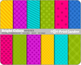 Bright Colors Paper Pack (12 Sheets) - Personal and Commercial Use - polka dot hearts tartan stripe plaid