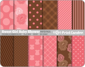 Sweet Girl Baby Shower Paper Pack (12 Sheets) - Personal and Commercial Use - polka dot stars denim plaid tartan stripe