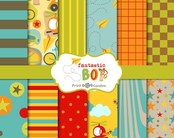 Fantastic Boy Paper Pack (12 Sheets) - Personal and Commercial Use -boy frogs helicopter stripes stars orange red yellow