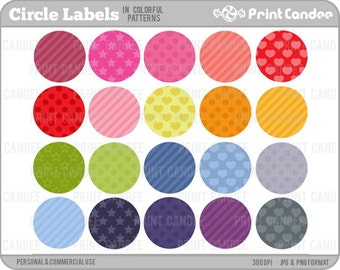 Circle Labels in Colorful Patterns (Set of 20) - Personal and Commercial Use - digital clipart clip art cute modern label