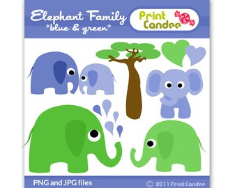 Elephant Family (Blue & Green) - Digital Clip Art - Personal and Commercial Use - scrapbooking card making