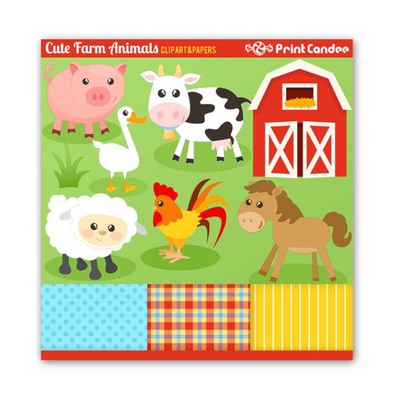 Cute Farm Animals Digital Clip Art Personal and Commercial Use barnyard animals cow barn rooster horse pig image 2