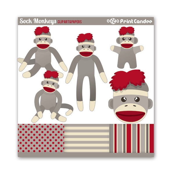 Sock Monkeys - Digital Clip Art - Personal and Commercial Use - sock monkey stuffed animal toy