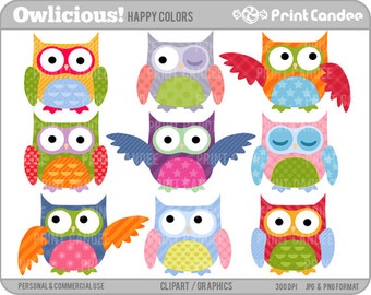 Owlicious (Happy Colors) -  Digital Clip Art - Personal and Commercial Use - scrapbooking, card making, retro, mod