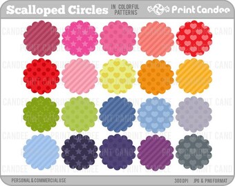 Scalloped Circles in Colorful Patterns (Set of 20) - Personal and Commercial Use - digital clipart clip art label
